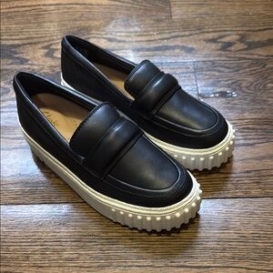 Clarks Black and White Leather Platform Loafers